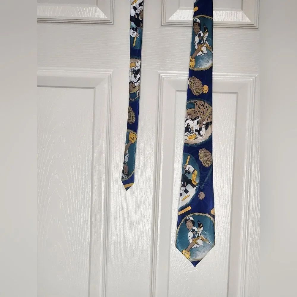 Paris Moderns Paris Design Baseball Print Navy Blue Mlticlrd 100% SILK Neck Tie